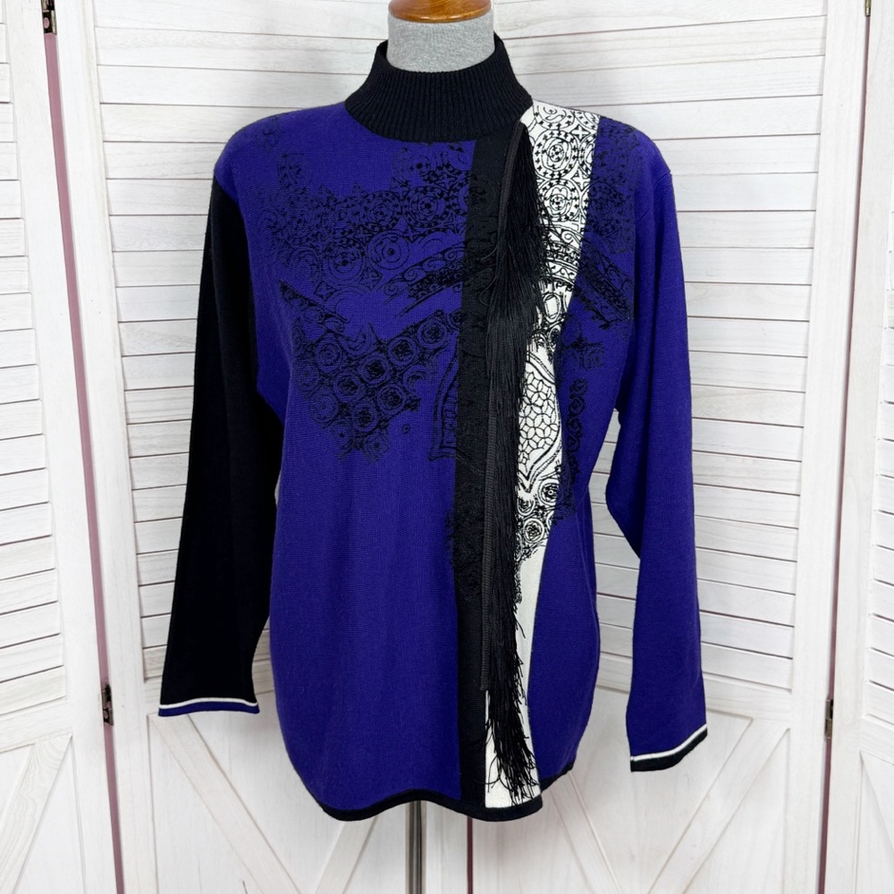 Vintage 90s Adam Douglass Mosaic Print Fringe Mock Neck Sweater Large Colorblock